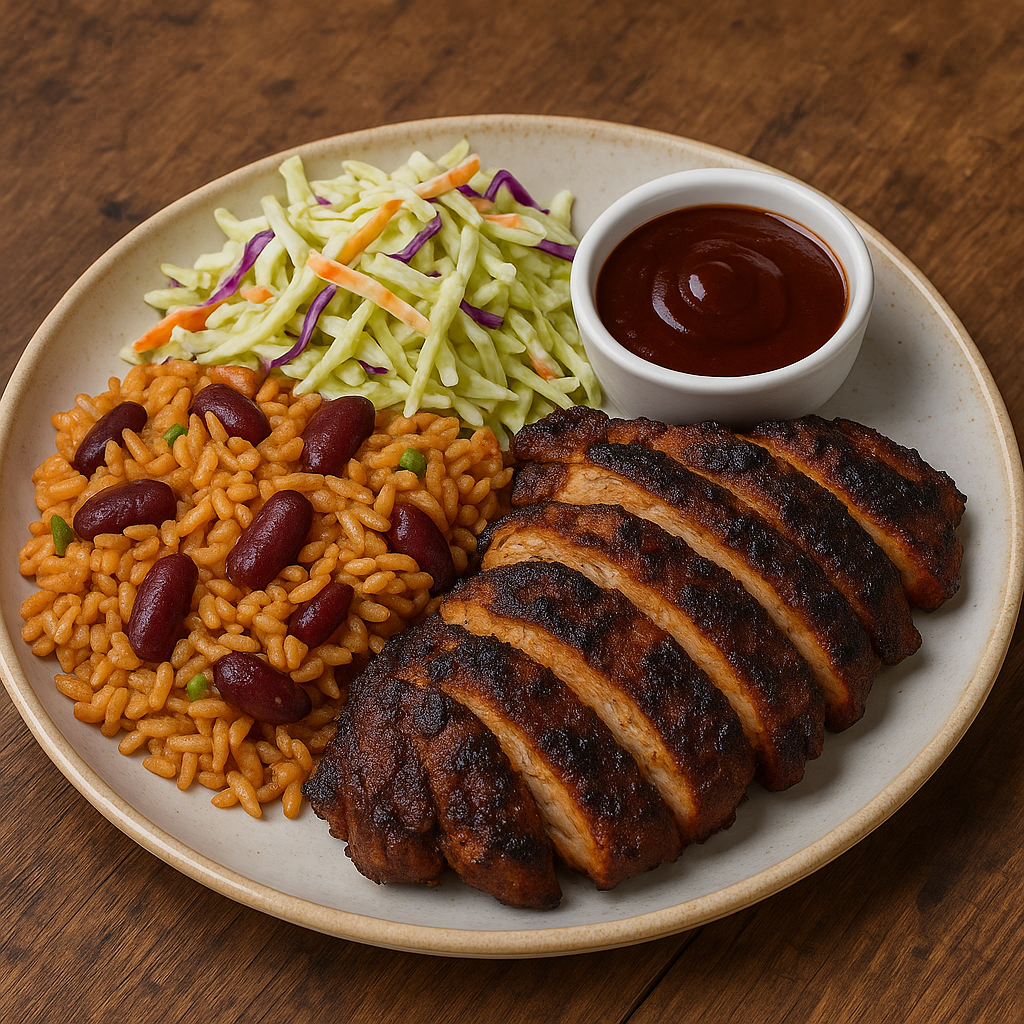 Jerk Chicken, Apple Slaw & BBQ Sauce